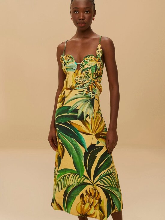 FARM Rio Dresses & Skirts - Yellow Bananart 3D Bodice Midi Dress